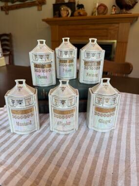 Vintage German 1930's Pearl Lusterware with gold accent 6 piece Spice Set